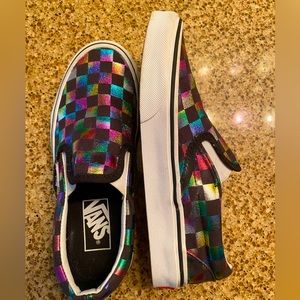 New slip on rainbow checkered vans. Worn once. Women's 5 (would be men's 3.5)